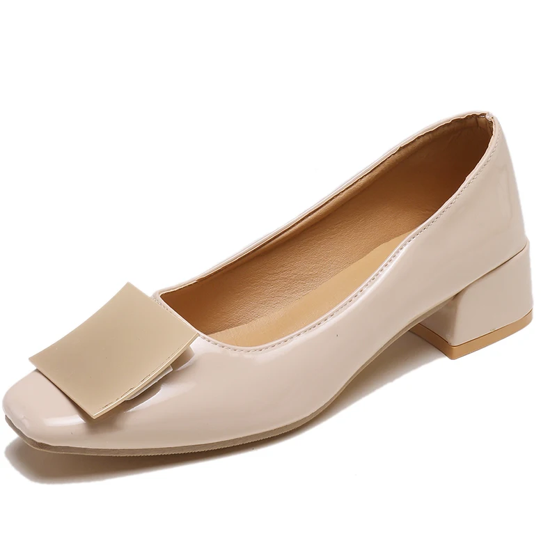 

EOEODOIT Fashion Patent Leather Pumps Shoes Med Heel Square Heels Shoes Slip On Square Toe Office Lady Metal Buckle Pumps Shoes