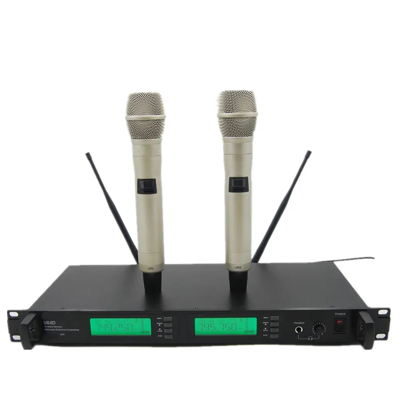 Профессиональная UR24D PLL истинное разнообразие UHF беспроводная система с двойным портативным беспроводным микрофоном для сцены караоке