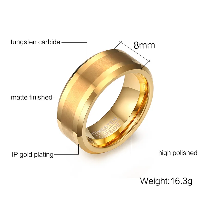 Mens Rings 8MM Tungsten Carbide Gold-color Finger Ring for Men Engagement Wedding Bands Comfort Fit Fashion Jewelry anillos anel
