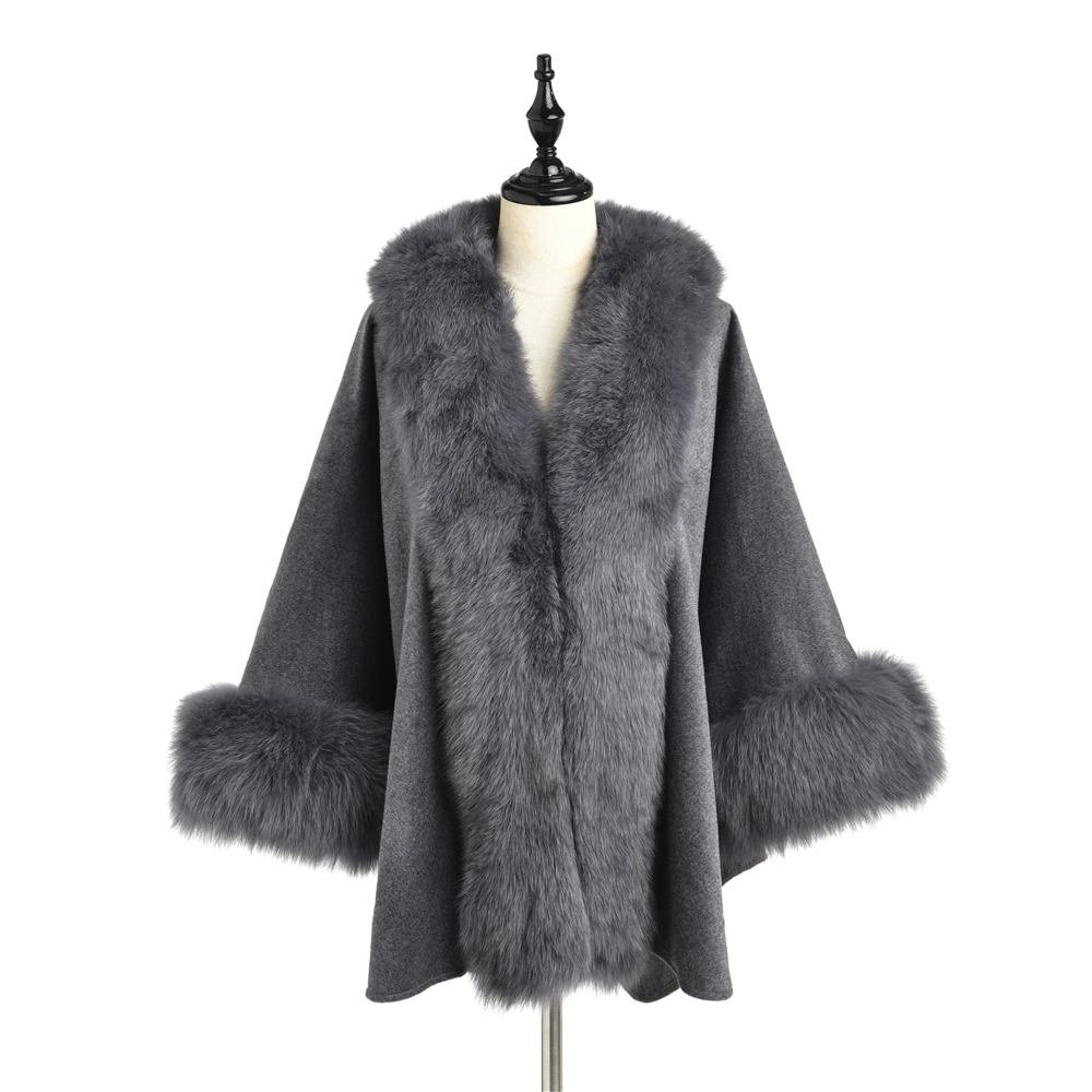 

TOPFUR 2019 New Fashion Winter Female Cape Real Fur Cape For Women Three Quaeter Real Fox Fur Outerwear Bat Sleeved V-Neck Gray