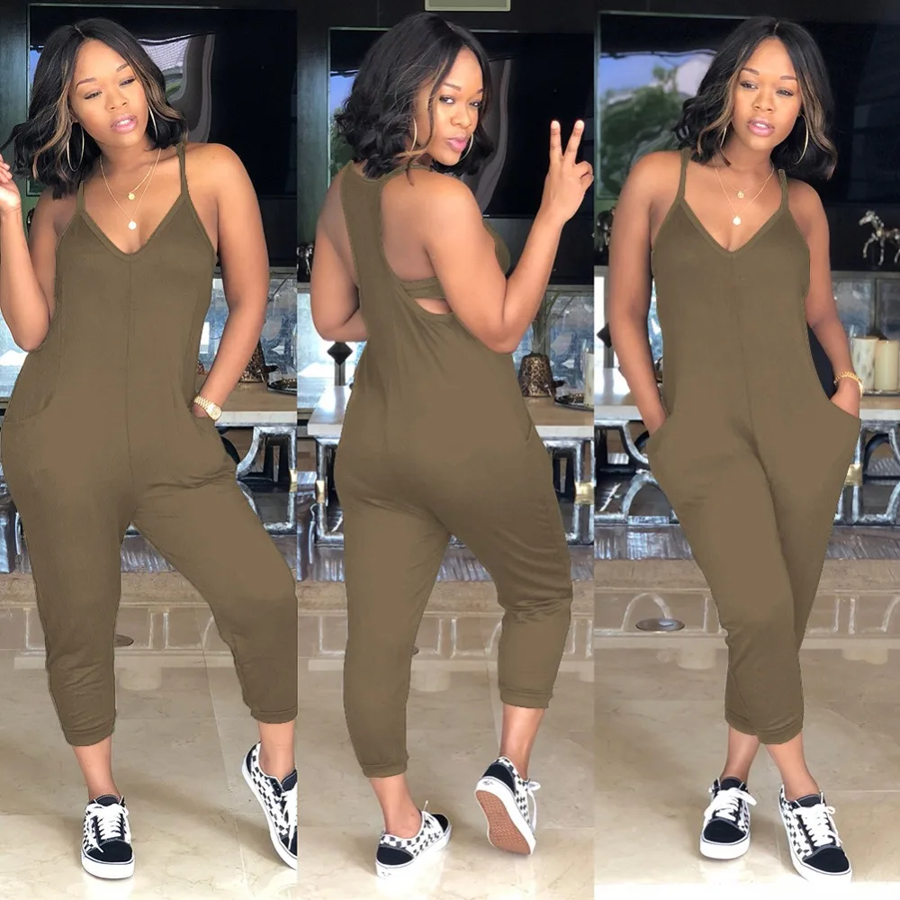 

2019 Summer Solid Color Sleeveless Strap Off Shoulder V-Neck Pockets Plus Size Jumpsuits Casual Women Rompers Female Playsuits
