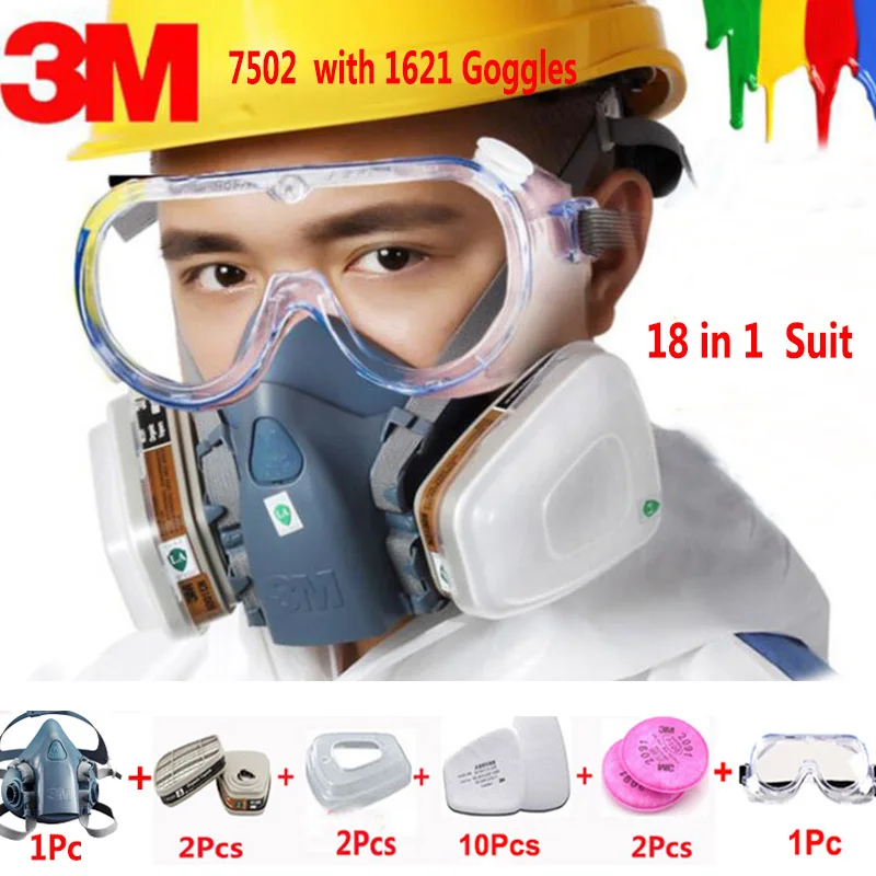 

18 in 1 3M 7502 Half Face Safety Respirator Gas Mask With 3M 1621 Goggles Painting Spraying Industry Anti Dust Mask