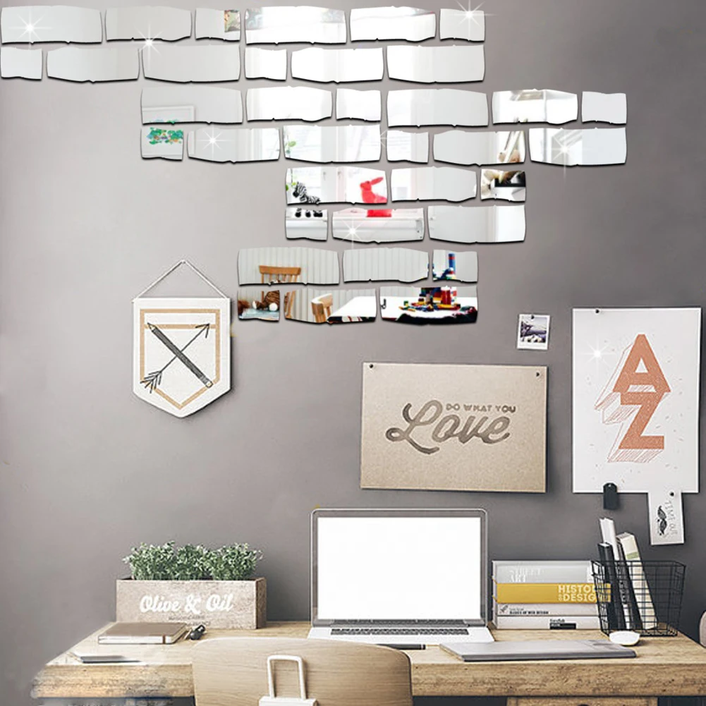 

24pcs 21 *29cm Brick Wall Sticker Self-adhesive Acrylic Mirror Sticker for Kids Rooms Decorative Sticker Silver