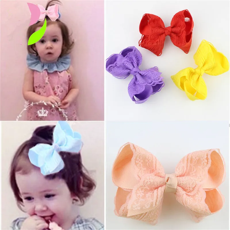 20pcslot 4 Inch Large Kids hairbows Girl Grosgrain Ribbon Bow Clips Lace bow hairpin Headdress Children Hair Accessories  (13)