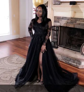 

Sexy Plus Size Arabic Muslim Black Long Sleeve Evening Prom Dresses Gown 2019 Elegant Women Formal Gala Party Long Dress