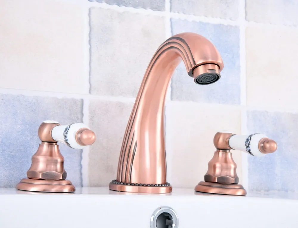 

Antique Red Copper Brass Deck Mounted Widespread Bathroom Basin Faucet Sink 3 Holes Mixer Tap Dual Ceramic Handles Levers asf537