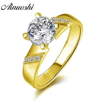 

AINUOSHI 14K Solid Yellow Gold Wide Band Ring 7mm Round SONA Diamond Woman Wedding Engagement bijoux Vintage Double Stripes Ring