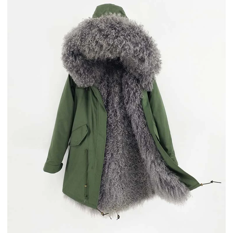 2018 women real fur parka lady natural mongolian fur lining big fur collar detachable streewear very keep warm