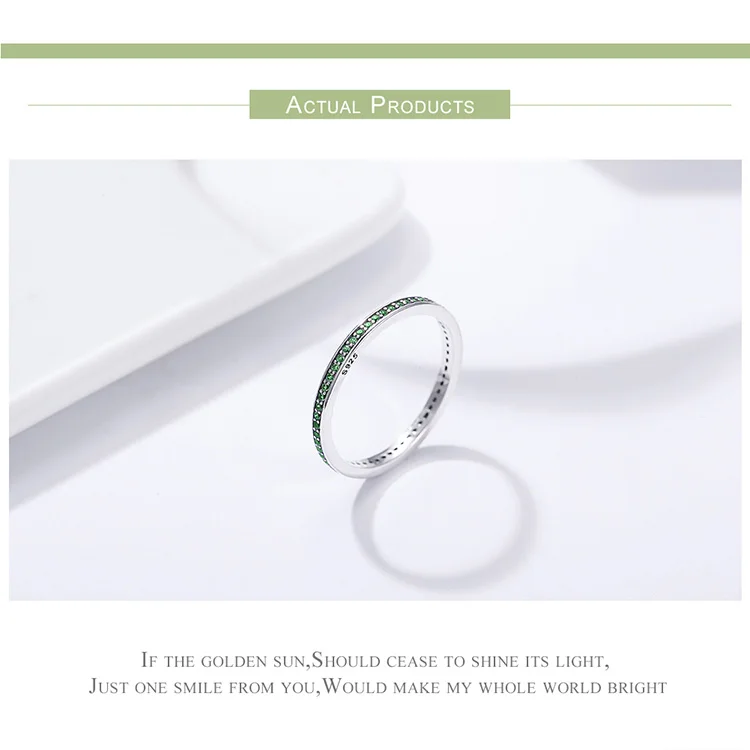 BAMOER Настоящее 925 пробы серебро световой CZ светильник зеленый круглый женские кольца на палец для женщин обручение ювелирные изделия SCR230