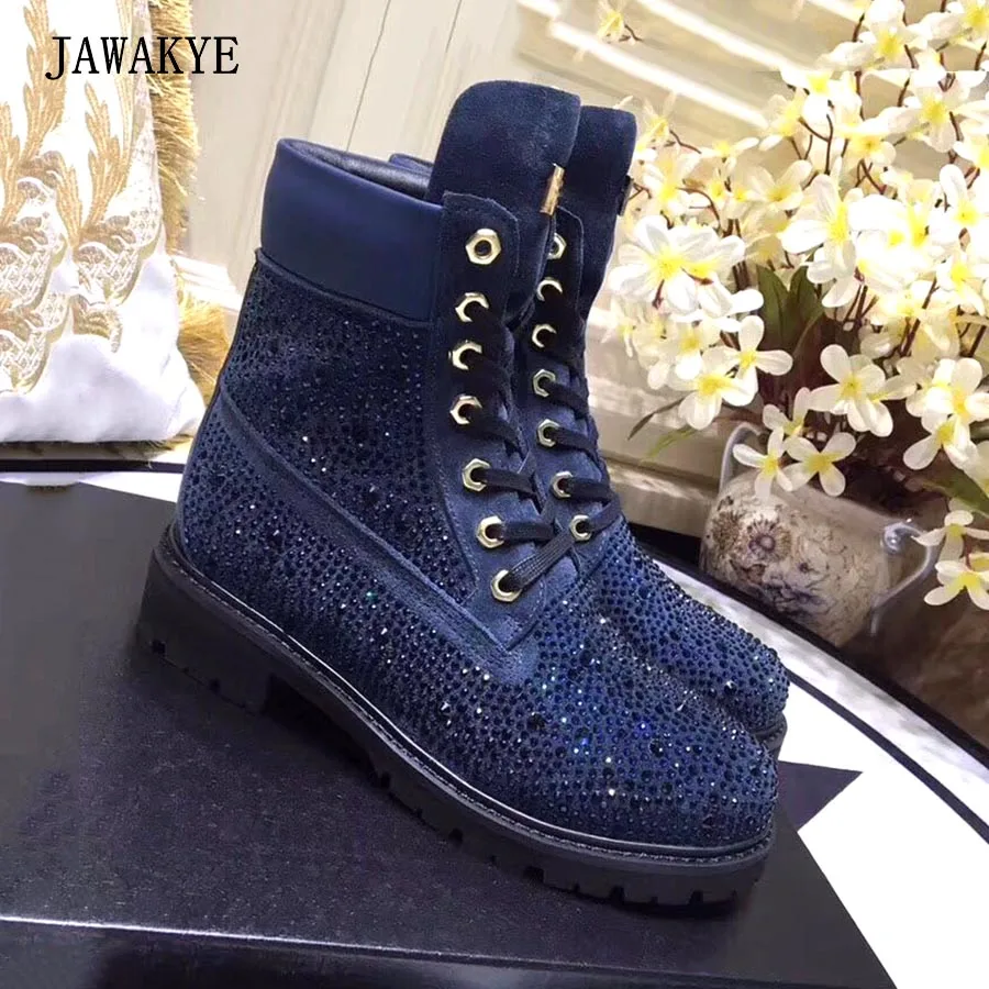 JAWAKYE черные стразы плоские ботильоны женские гладиаторы на толстом каблуке