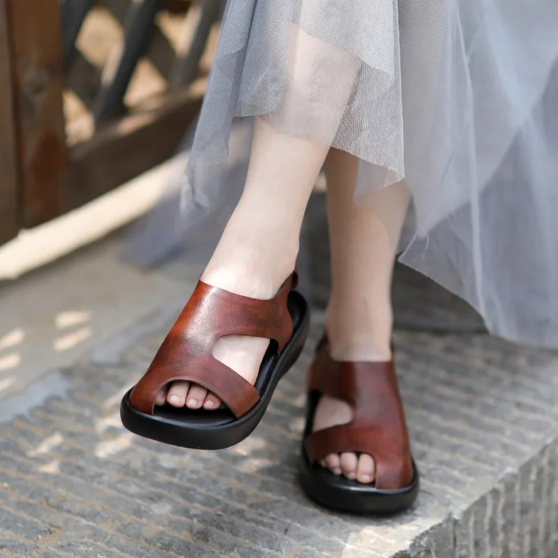 

Women Leather Sandals 4 Cm Low Heels Wedge Shoes Casual Black Retro Sandals Women Handmade Genuine Leather Shoes Summer 2019