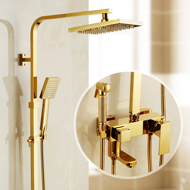 US $27.04 Brass Gold Shower Set Bathroom Rain Shower Set With Mixer Faucet Shower Faucet Thermostatic Shower Faucet Set Wall Mount