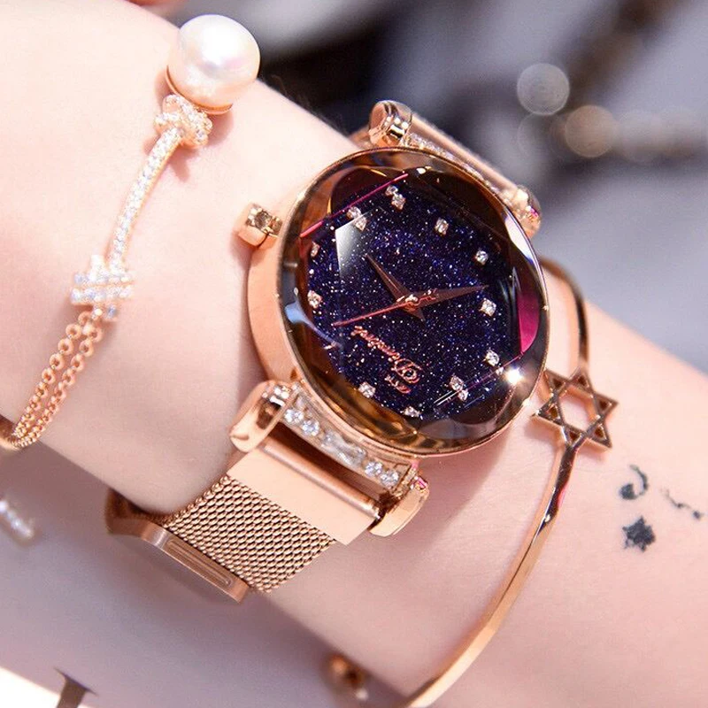 

star sky rose gold women watches stainless steel luxury brand diamond crystal ladies watch magnet buckle wristwatch women clock