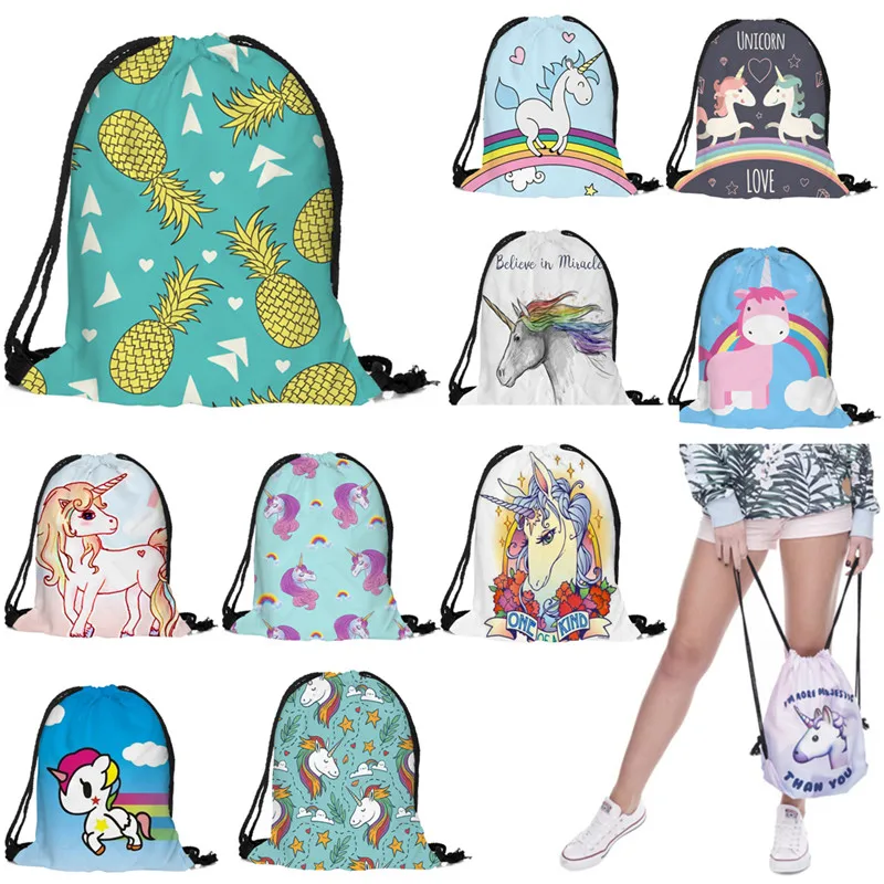1PCS Women Multi-style Travel Backpack Cute Unicorn 3D Printing Drawstring Bags