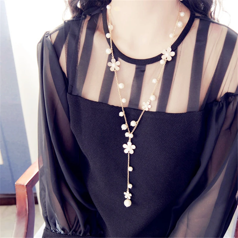 

2016 Romantic Fashion pearl necklace flower sweater chain long necklace women Jewelry accessories Necklaces & Pendants