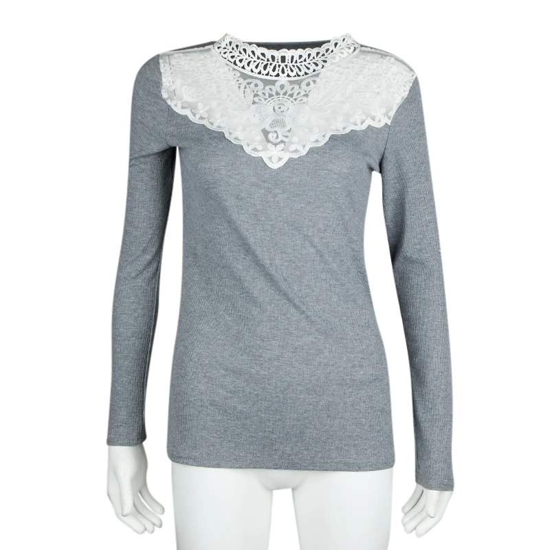 Women Long Sleeve Lace Patchwork T-shirt 2018 Spring Autumn Female Sexy Tshirt Tops Gray Pink Crew Neck Elegant Slim Tee Shirt