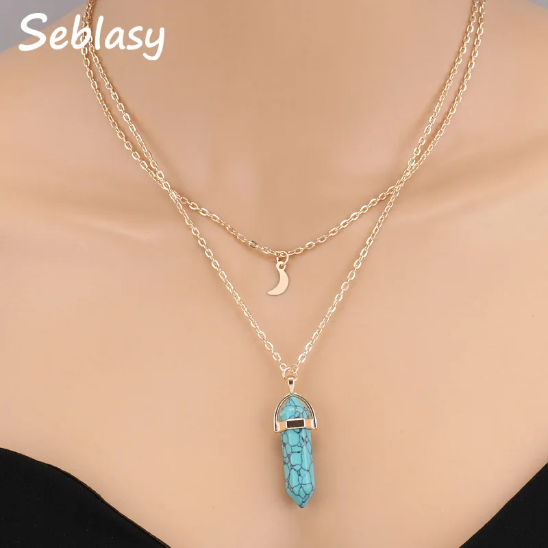 

Seblasy Simple Style Double Style Gold Color Small Moon Natural Stone Beads Spike Chain Necklaces & Pendants for Women Jewelry