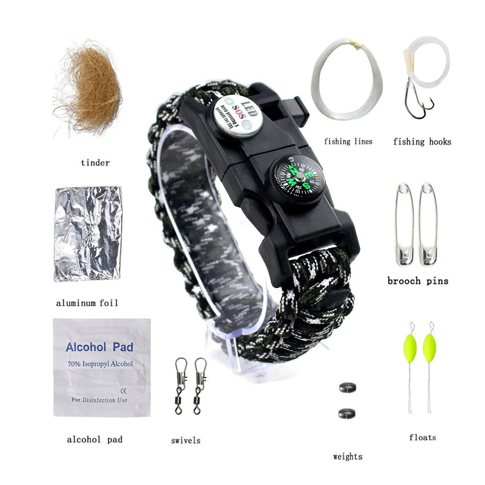 Открытый многофункциональный браслет для выживания мужской Паракорд туристический инструмент аварийный SOS светодиодный светильник Рыболовный набор компас свисток нож - Цвет: Camo White