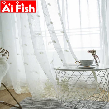 

White Embroidered Peacock Feather Window Screen Curtains For living room Sheer Drapes Mesh Fabric For Bedroom Tulle MY073#40