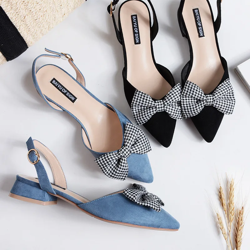 

women suede leather pointed toe sandals big plaid bow gladiator sandalias elegant ladies mules back strap sandales femmes y488