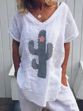 Women's White Blouse Cactus Printed Womens Tops and Blouses Summer Short Sleeve Loose Shirt V-Neck Casual Summer Top Tunic 5XL