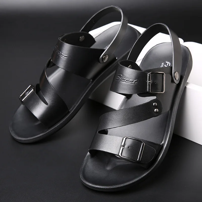 

QWEDF Men Sandals summer Genuine Leather men shoes Breathable Walking Beach Sports Slippers Outdoor men shoes flat Casual G2-78