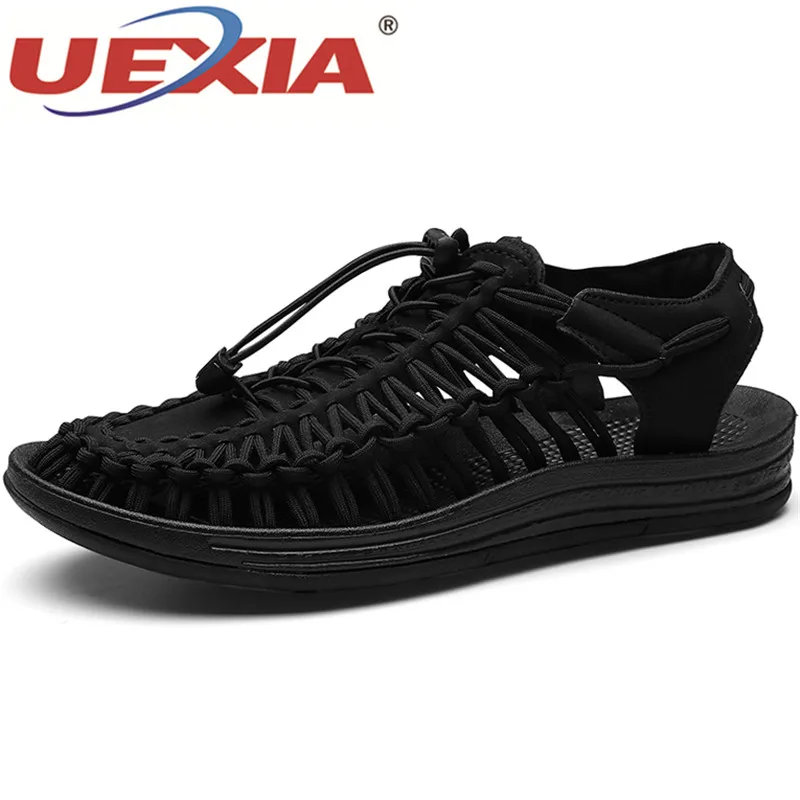 

UEXIA Summer Flats Woven Leather Zapatos Sandals Shoes Hallow Hook & Loop Beach Sandals Man Casual Plastic Water Sandalias