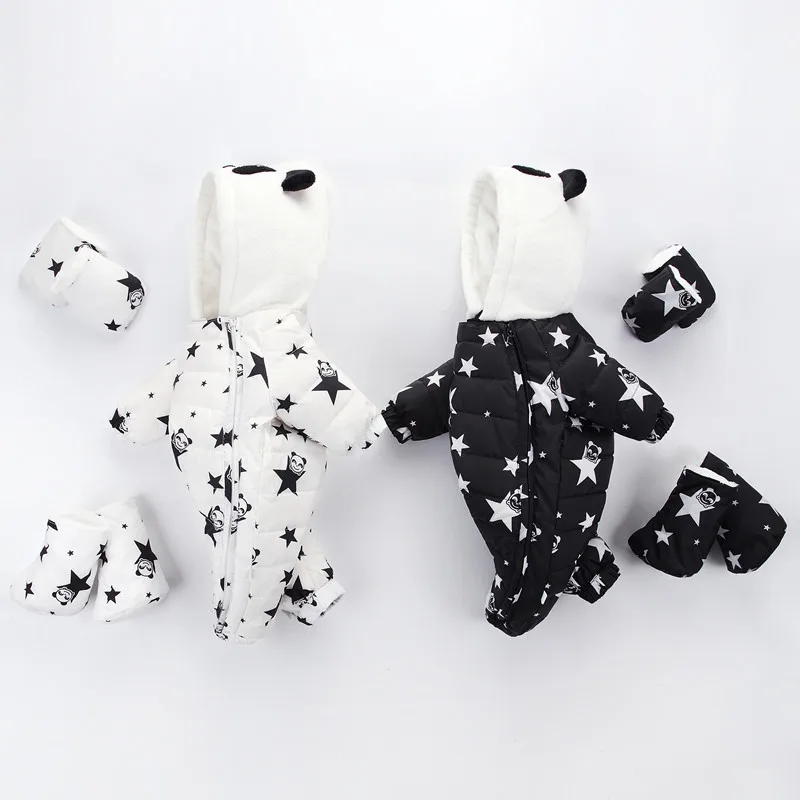 

Winter baby Boy Girl Hat Jumpsuit Shoes Set Newborn Duck down velvet Clothing Parkas Rompers Baby Clothes Snowsuit Costume Suit