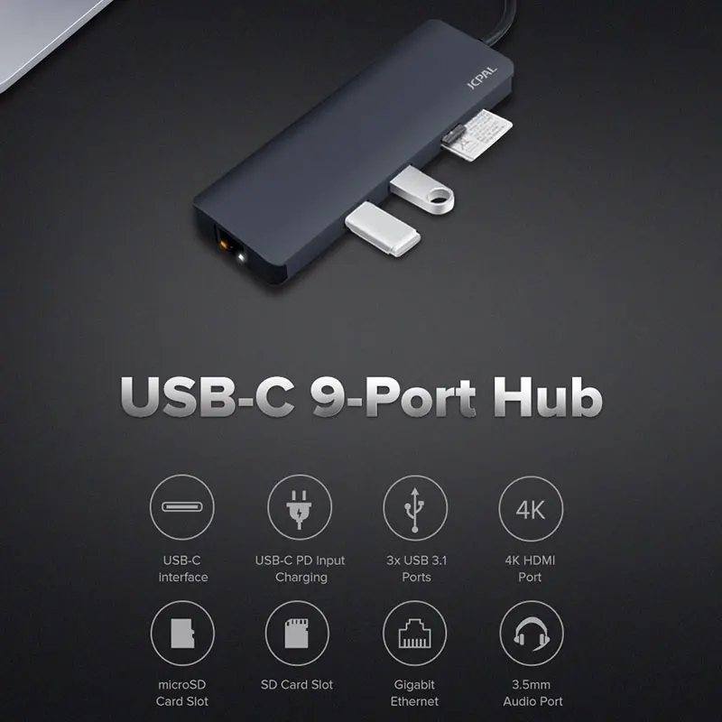 JCPAL USB-C концентратор 9 в 1 type-C PD зарядное устройство 60 Вт HDMI 4 к Lan RJ45 SD Reader USB-C док-станция алюминиевый корпус для MacBook Pro