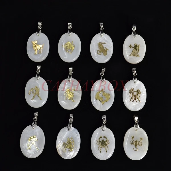 

A Whole Set of Zodiac Sgins Astrology Horoscope Shell Cream Golden Enamel Medal Charm Pendant