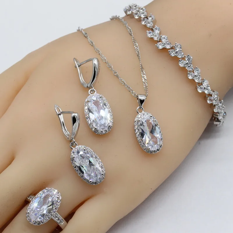 

925 Sterling Silver Wedding Jewelry Sets For Women AAA White Crystal Rings Sets For Bride Choker Ring Dangle Earrings Bracelet