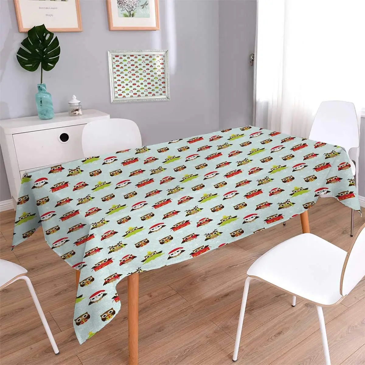 

Owls Tablecloth Christmas Theme with Sweet Celebration Icons Santa Claus Pine Tree with Presents Stain Resistant Table Cover