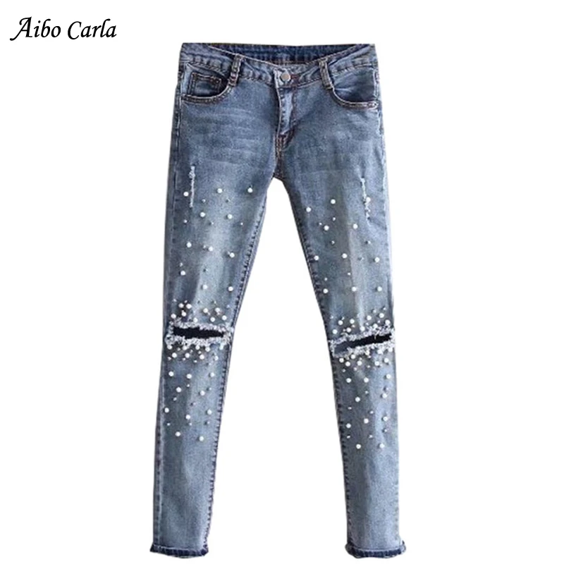 

Women Knee Hole Ripped Jeans Stretch Denim Pencil Pants Casual Slim Fit Rivet Pearl Jeans Summer Long Trousers Low Waist Cowboy