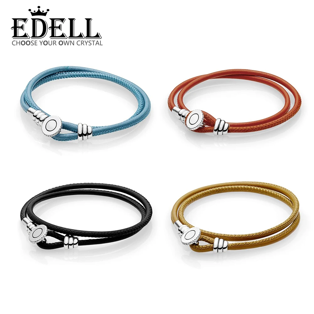 

EDELL 100% 925 Sterling Silver 1:1 MOMENTS BLACK DOUBLE LEATHER BRACELET WITH BUTTON CLASP Golden Blue Orange Fabric Hand Rope