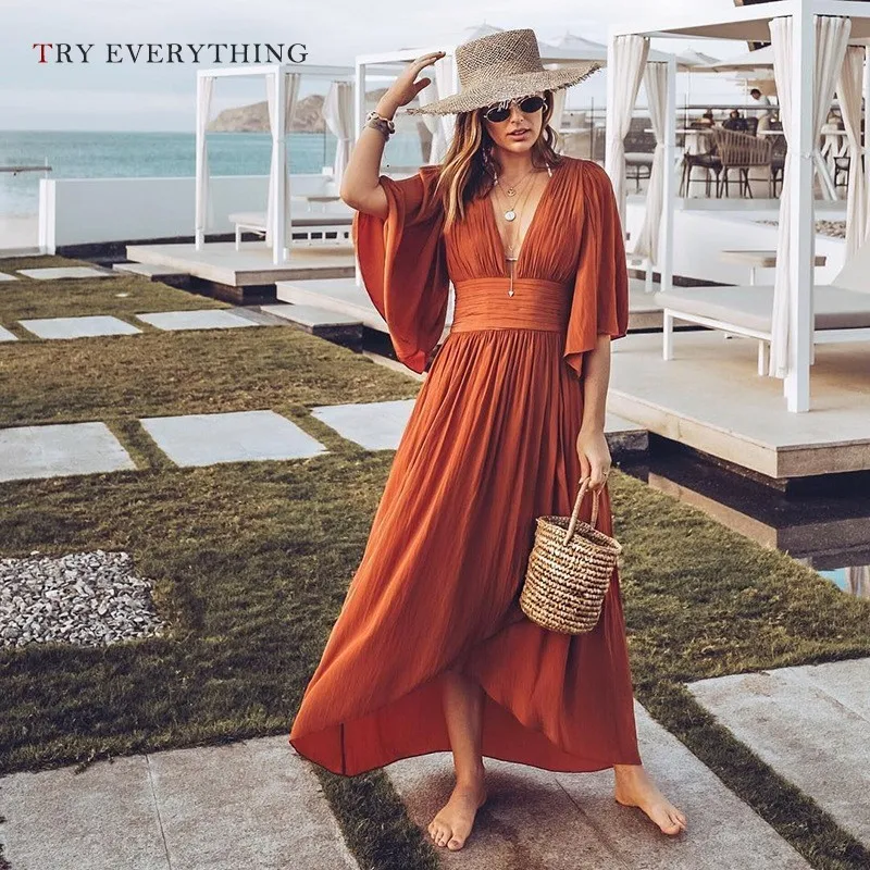 

Orange Sexy Boho Dress Women Summer 2019 V Neck Backless Maxi Beach Dress Ladies Short Sleeve Tunic Pleated Long Dress For Women