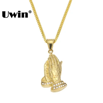

Uwin Fashion 2 Sizes Hiphop Necklace Prayer Hand Praying Hands Cross Pattern Pendants Stainless Steel Bling Rhinestone Jewelry