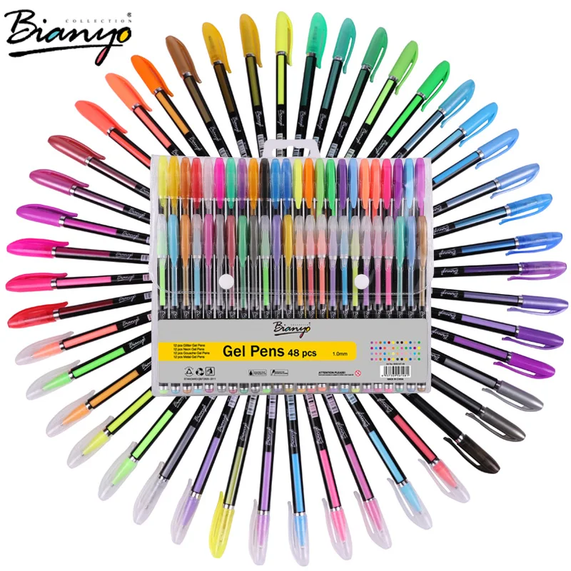 Goede Bianyo 48pcs Gel Pen Set Vullingen Metallic Pastel Neon Glitter Schets Tekening Kleur Pen School Briefpapier Marker voor Kids geschenken