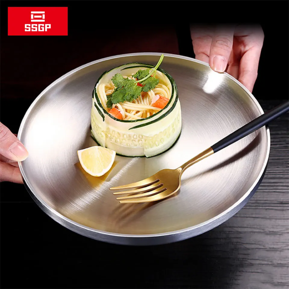 

Dinner Plates Stainless Steel Western Steak Round Tray Kitchen Serving Dishes Salad Shape Round Plate Cake Dessert Unique Tray