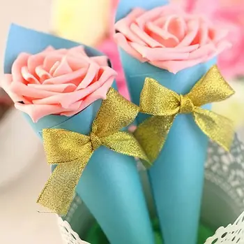 

100 x Ice Cream Cone Holder Gold Bowknot DIY Rose Flower Candy Boxes Gift Box Wedding Table Decor Party Wedding Favor