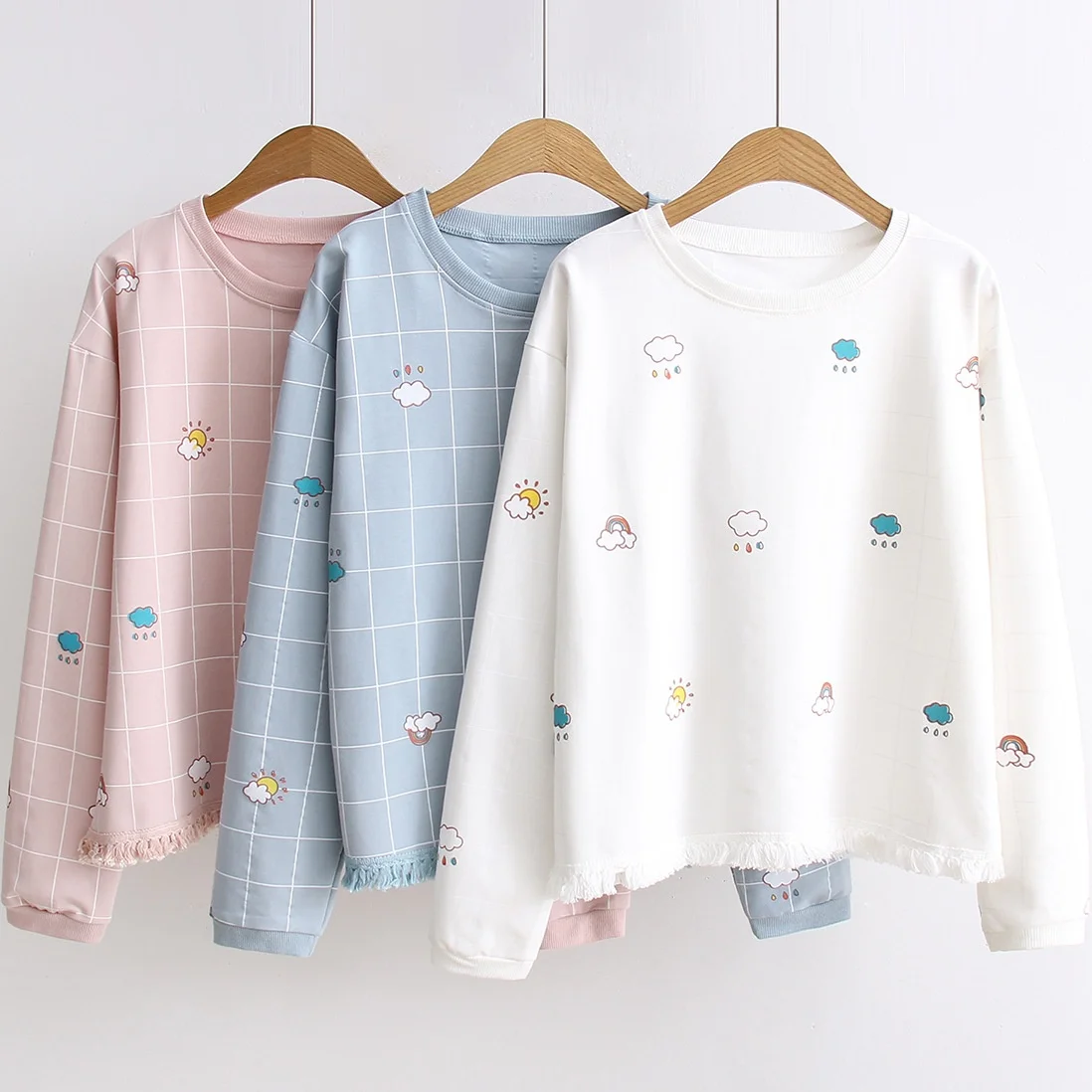 

Korean Women Elegant Harajuku Cloud Rain Pattern Hoodie Women's O Neck Funny Plaid Tassel Sweatshirts Tricot Pull Femme