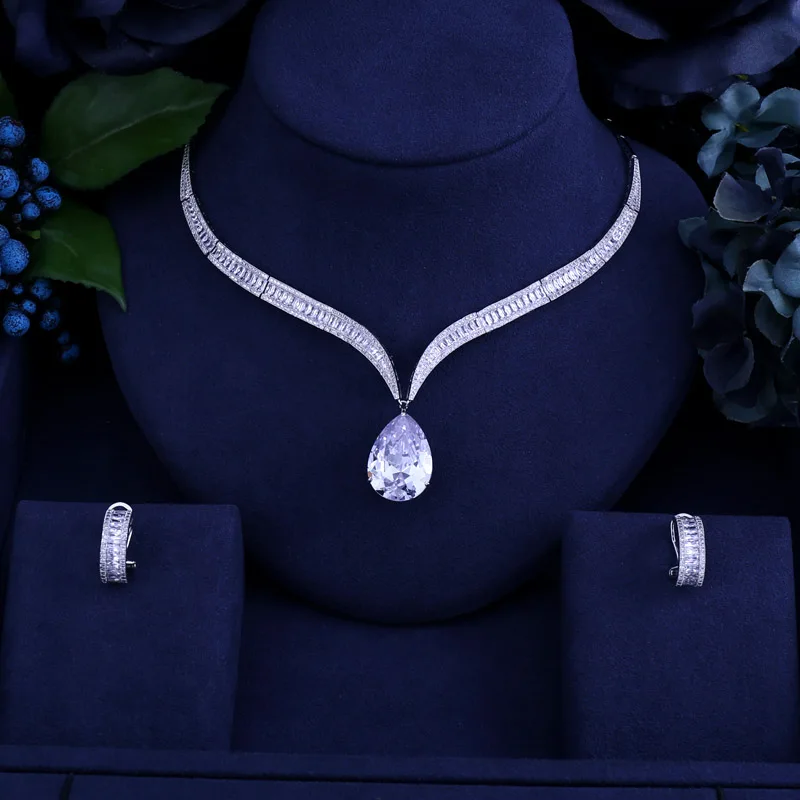 Роскошный блестящий кубический цирконий прозрачный Цирконий цветок и циррус модный стиль свадебные серьги ожерелье ювелирные украшения набор