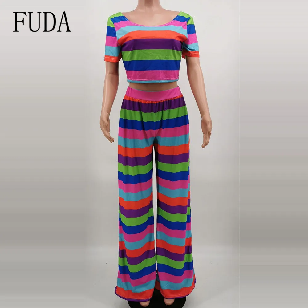 FUDA Two Pieces Sets Striped Wide Leg Jumpsuits Elegant O-neck Short Sleeve Top and Loose Pants Women Summer Casual Bodysuits FUDA Two Pieces Sets Striped Wide Leg Jumpsuits Elegant O-neck Short Sleeve Top and Loose Pants Women Summer Casual Bodysuits