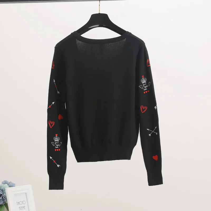Роскошный дизайнерский брендовый вязаный свитер для женщин с v-образным вырезом и вышивкой в виде стрелы через сердце, вязаный кардиган, черный B-179