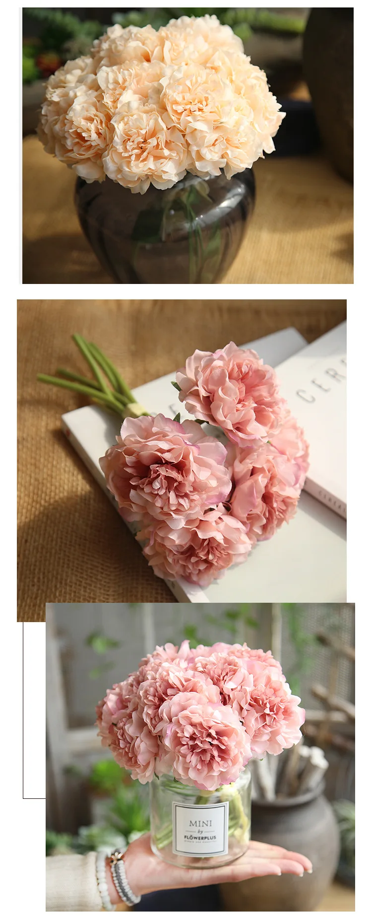 Artificial Flowers Silk Peony for Home Wedding Decoration 5 Heads Hydrangea Small Bouquet Fall Decor Fake Flowers