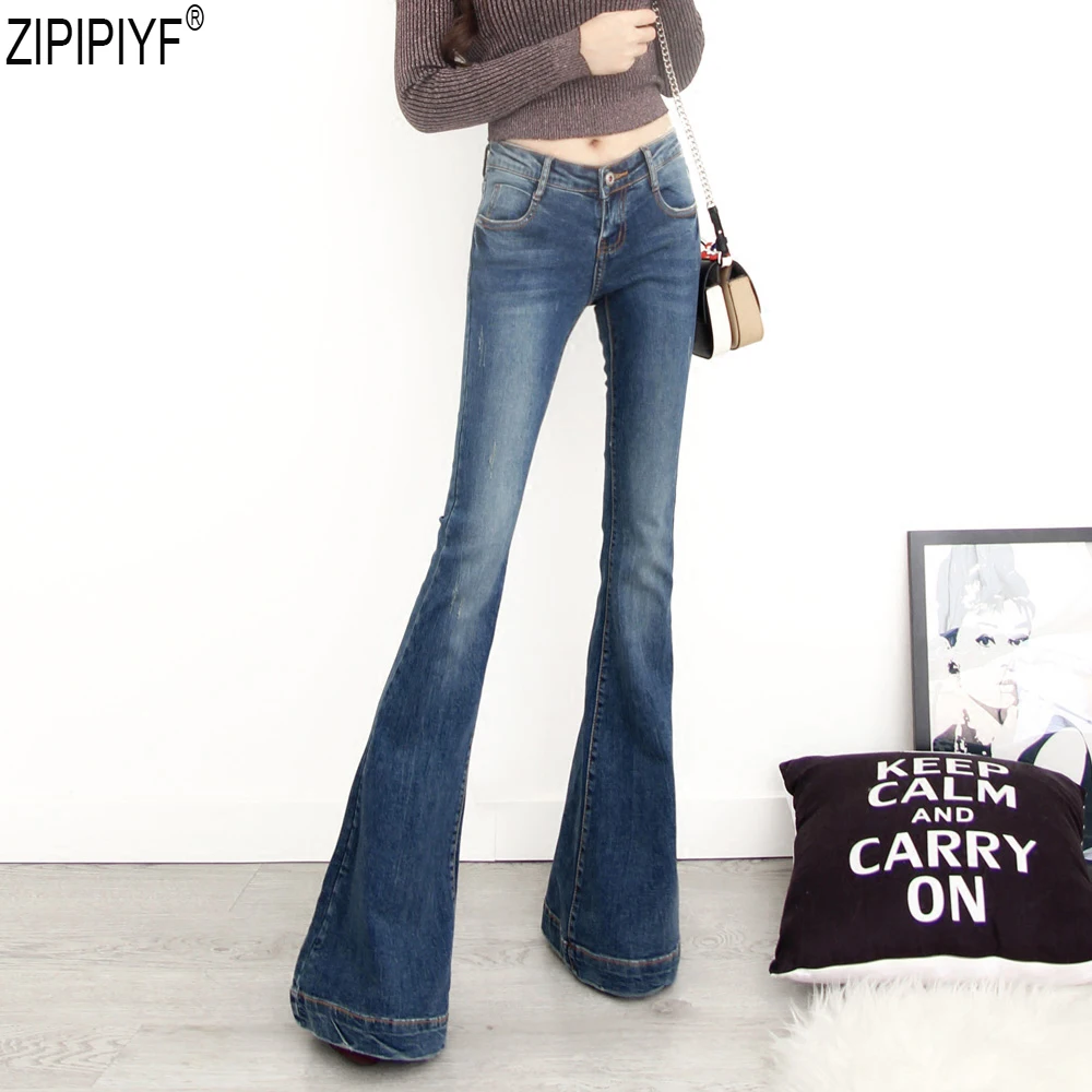 

High Quality 2018 new fashion spring and autumn big flared trousers stretch large size s-6xl high waist women's jeans C2021