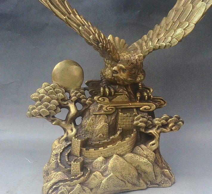 

20 " Folk China Bronze Wealth Success Eagle Great Wall Pine Hawk Dapeng Statue