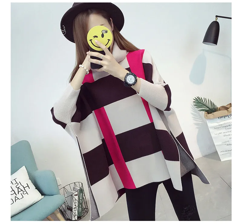 Korobov Plaid Panelled Turtleneck Capes Women Sweater Batwing Sleeve Loose Sueter Mujer Ponchos Autumn New Pullovers 51251