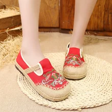 Китайская Тканевая обувь в Пекинском стиле; обувь ручной работы на плоской подошве в этническом стиле; обувь для отдыха без застежки; вышивка с круглым носком