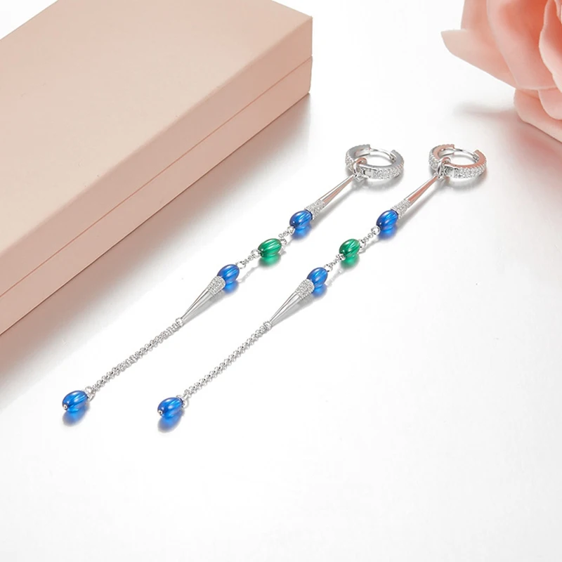 

YP2119 Cute Candy Color Zircon Beads Tassel Stud Earring 925 Sterling Silver Women Beads Long Earring Wedding Jewelry