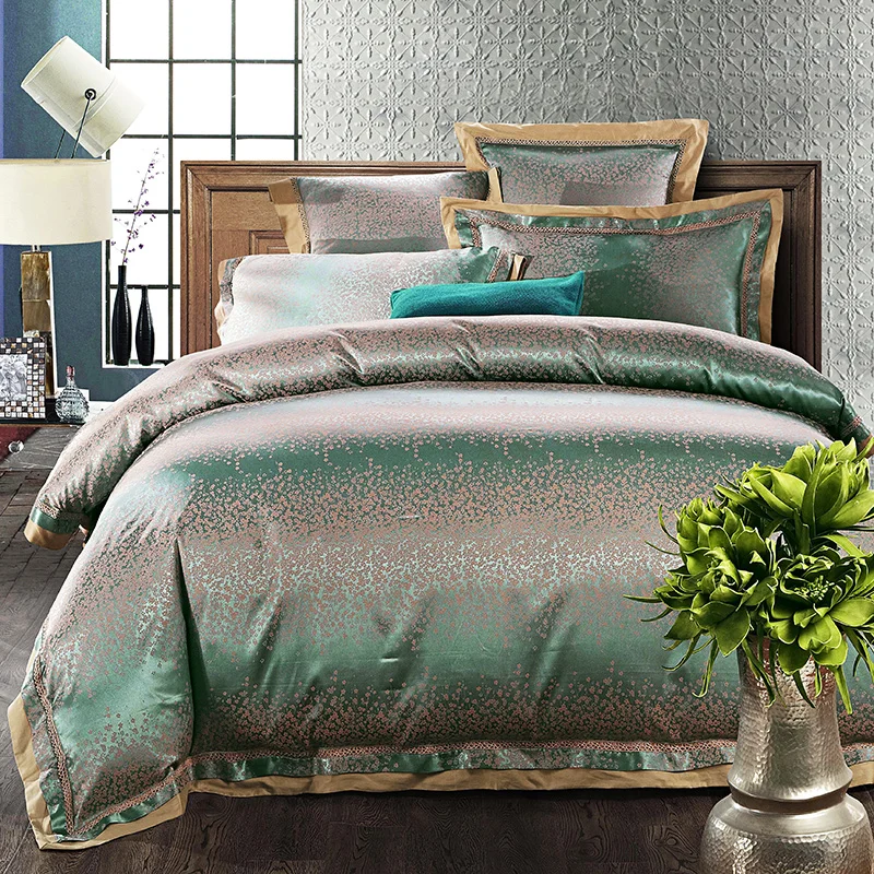 

Luxury King Queen Wedding Bedding Sets Satin Cotton Jacquard Bed sheet Duvet cover Pillowcases 4/6pcs White Green blue silver